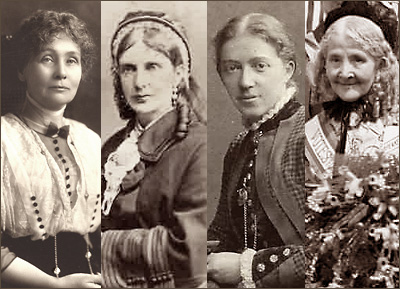 Halvfigurfoton av fyra olika kvinnor i tidstypiska kläder