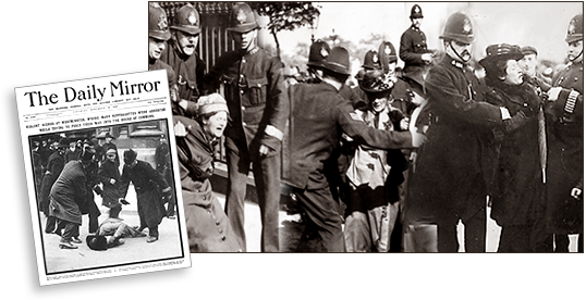 Collage av foton på poliser som arrester suffragetter samt till vänster omslaget från The Daily Mirror 1910 med bild av en nedslagen kvinna från Black Friday