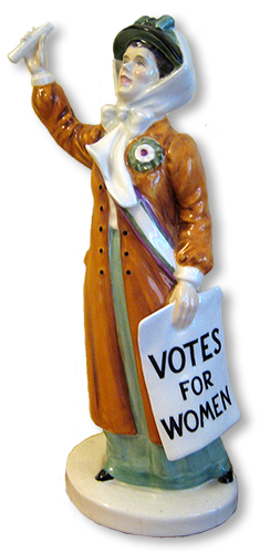 Bild av porslinskvinna som håller i ett plakat med texten "Votes for Women".