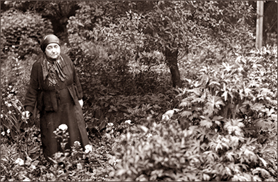 Foto av en stor trädgård, där en äldre Anna står nere till vänster med sjal om huvudet
