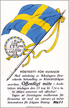 Affisch för offentligt möte 13 maj. Högst upp på affischen vajar en svensk flagga, med fladdrande gula band, intill det finns IWSA:s symbol med Fru Justitia och hennes vågskål samt testen JUS SUF FRA GII