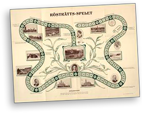 Spelplan för rösträttsspelet med små foton, allt så litet att det är svårt att se mer än översiktligt