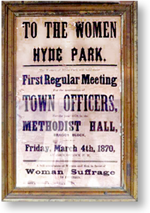 Inramad affisch för det möte som kvinnorna i HydePark hade innan de gick och olagligen röstade i det lokala valet i mars 1870.