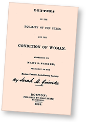 Förstasidan till broschyren med Sarah Grimkés brev om kvinnors lika rättigheter, 1838