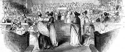 Illustration av kväkarmöte med många kvinnor som sitter och står överallt