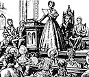 Illustration av kvinna som hpåller tal på ett podium över publiken