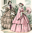 Illustration av damer i korsetterade finklänningar med stora kjolar