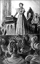 Illustration av kvinna som står på ett podie och talar. Hon håller i ett papper. Under henne sitter kvinnor och lyssnar och bakom henne på scenen sitter ett par