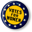 Rockmärke med svart text på gul botten: Votes for Wmen. Omgivet av en blå cirkel med gula stjärnor i