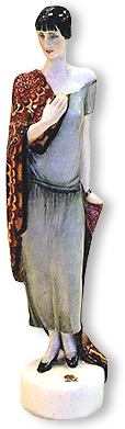 Porslinsfigur föreställanden den långa och smala Anna Achmatova med sitt karaktäristiska svart hår kortklipp med lugg. Hon har en blågrå klänning på sig och håller en mönstrad sjal i brunt och organge över sin vänstra axel