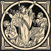 Bild av en krigarkvinna i mitten och två män på var sida om henne. I ramen finns keltiska mönster