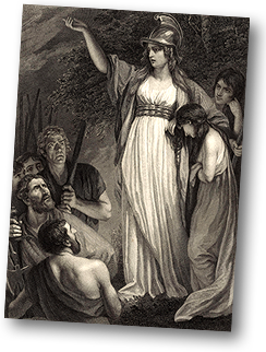 Illustration av Boudica iförd hjälm , med ena armen uppsträckt, stående framför och ovanför sin här. Snett bakom henne står hennes två döttrar