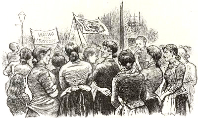 Illustration av en samling kvinnor med fanor och banderoller