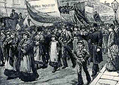 Teckning av tändsticksarbeterskorna på marsch mot parlamentet. Några bär fanor. En polis står vid sidan om demonstrationståget