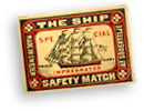 En svensk tändsticksask med en båt och texten "The Ship" m.m.