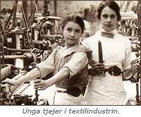 Foto av två tjejer i en textilfabrik, under bilden står texten: Unga tjejer i textilindustrin.