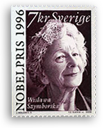 Frimärke med ett porträtt av Nobelpristagaren  Wislawa Szymborska.