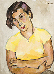 Anna Riwkins självporträtt är målat i klara färger med en gul tröja och korsade armar.