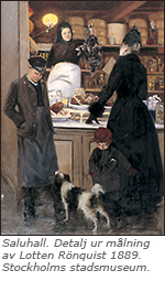 Målning av svartklädd kvinna som handlar av en förklädesklädd kvinna i ett salustånd. Bredvid dem står en ung kille och tittar på en hund som står framför honom. Ett litet barn står bredvid hunden, som är svart och vit. Under bilden står det: "Saluhall. Detalj ur målning av Lotten Rönquist 1889. Stockholms stadsmuseum."