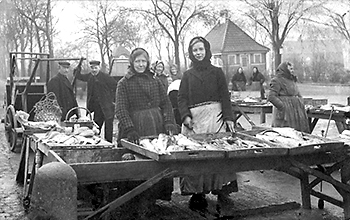 Foto av två sillagummor med stora brickor med fisk på framför sig. I bakgrunden till vänster står två gubbar och pratar medan de ser in i kameran. I bakgrunden till höger står en annan sillagumma. Ännu längre bak sitter två kvinnor framför ett fyrkantigt hus med toppigt tak. 