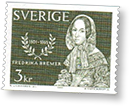 Svenskt frimärke, tre kronor, med illustration av Fredrika Bremer
