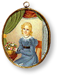 Miniatyrporträtt av ung flicka med ljust hår och blå klänning
