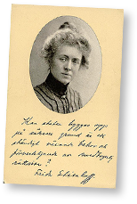 Rösträttskort med porträttfoto av Frida Stéenhoff och ett citat av henne