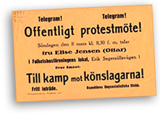 Affisch om ett Offentligt protestmöte till kamp mot könslagarna och med tal av Ottar