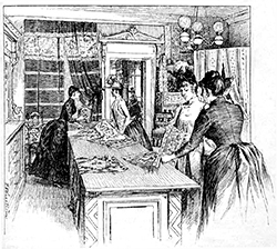 Teckning av Handarbetets vänners butik, där en kvinna säljer tyg och några andra kvinnor tittar på tyger