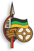 ANC:s logotyp med flaggan i svart, grönt och gult, ett hjul och en hand som håller i ett spjut