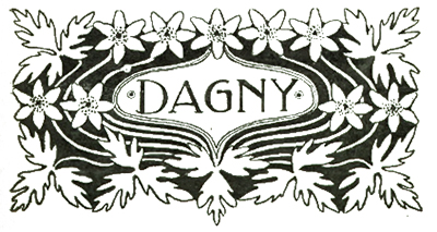 Tidningens huvud under åren i mitten av utgivningen. Ordet Dagny är omgivet av vitsippor, blad och mönster