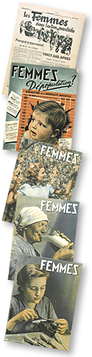 Omslag till fem nummer av Femmes genom åren. Det första/översta numret är ett enkelt skrivet blad, sedan blir de tjusigare layoutade med foton av kvinnor och barn på omslagen