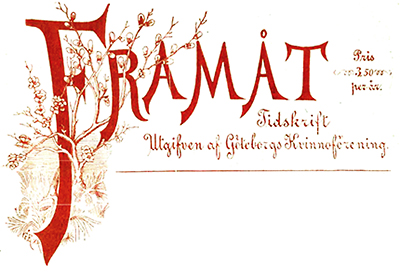 Logotyp för tidningen Framåt! med grenar från ett träd som slingrar sig runt den röda texten