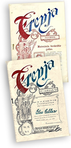 Foto av två omslag till tidningen Freyja, med namnet stort i rött och blått mot gul botten