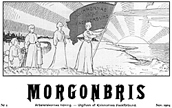 Huvud på tidningen Morgonbris, där en rad kvinnor går, varav den första bär en fana som det står Kvinnornas fackförbund på, och i bakgrunden är en soluppgång över vattnet