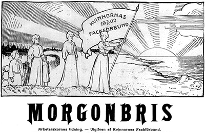 Huvud för tidningen Morgonbris när den startades. Kvinnor går i ett långt demonstrationståg, den första bär en fana som det står "Kvinnornas Fackförbund  1902" på. I bakgrunden en soluppgång över vatten. Titeln är Morgonbris och sen står det: Arbeterskornas tidning - Utgifven af Kvinnornas Fackförbund