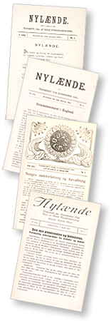 Fyra omslag till tidningen Nylaende från olika år, med olika logotyp