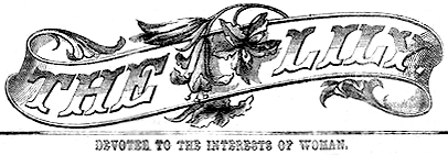 Logotype för The Lily med en girlang och en blomma och under finns texten: Devoted to the Interests of Woman