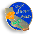 Rockmärke för League for Women Voters med blå bakgrund, en blomma och något mer otydligt på