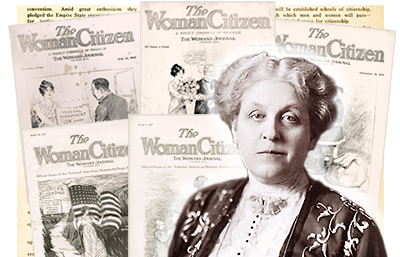 Collage av omslag till The Woman Citizen i bakgrunden och i förgrunden ett foto av Carrie Chapman Catt