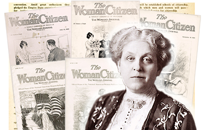 Collage av omslag till The Woman Citizen i bakgrunden och i förgrunden ett foto av Carrie Chapman Catt