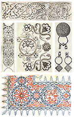 Fem olika exempel på mönster som skickades med tidningen, både i svartvitt och färg