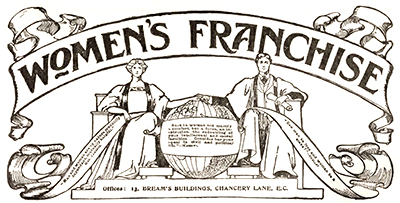 Logotype för tidningen, med en illustration av en kvinna och en man som sitter på var sin tron med en jordglob mellan sig. På den och på sidorna om dem står oläsliga citat. Allt är omringat av utsmyckande band och på det översta står texten: Women's Franchise