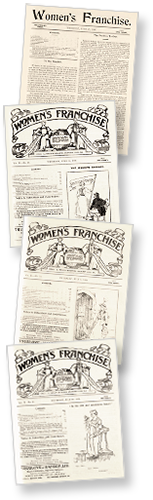 Bilder av omslag till fyra nummer av tidningen Women's Franchise