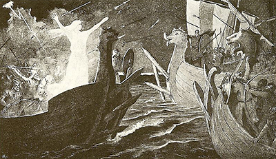 Illustration av strid mellan vikingaskepp, på det till vänster står en helt vit kvinna och sträcker armarna rakt upp i luftenn