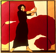 Känd illustraion av svartklädd kvinna som håller en mycket stor röd flagga som flyger bakom henne, ofta använd i samband med firande av Internationella kvinnodagen 8 mars