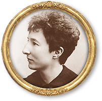 Porträttfoto av Anita Augspurg i oval guldram