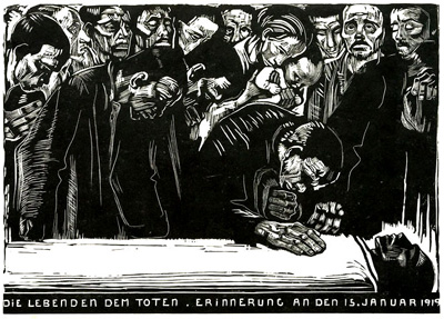 Träsnitt som visar sörjande människor runt liket av Karl Liebknecht