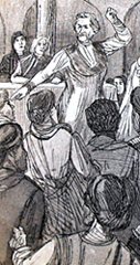 Detalj av etsning där Clara Zetkin håller tal och viftar med armarna omgiven av folk