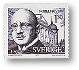Svenskt frimärke med gravyr av Fritz Haber  och texten Nobelpris 1918